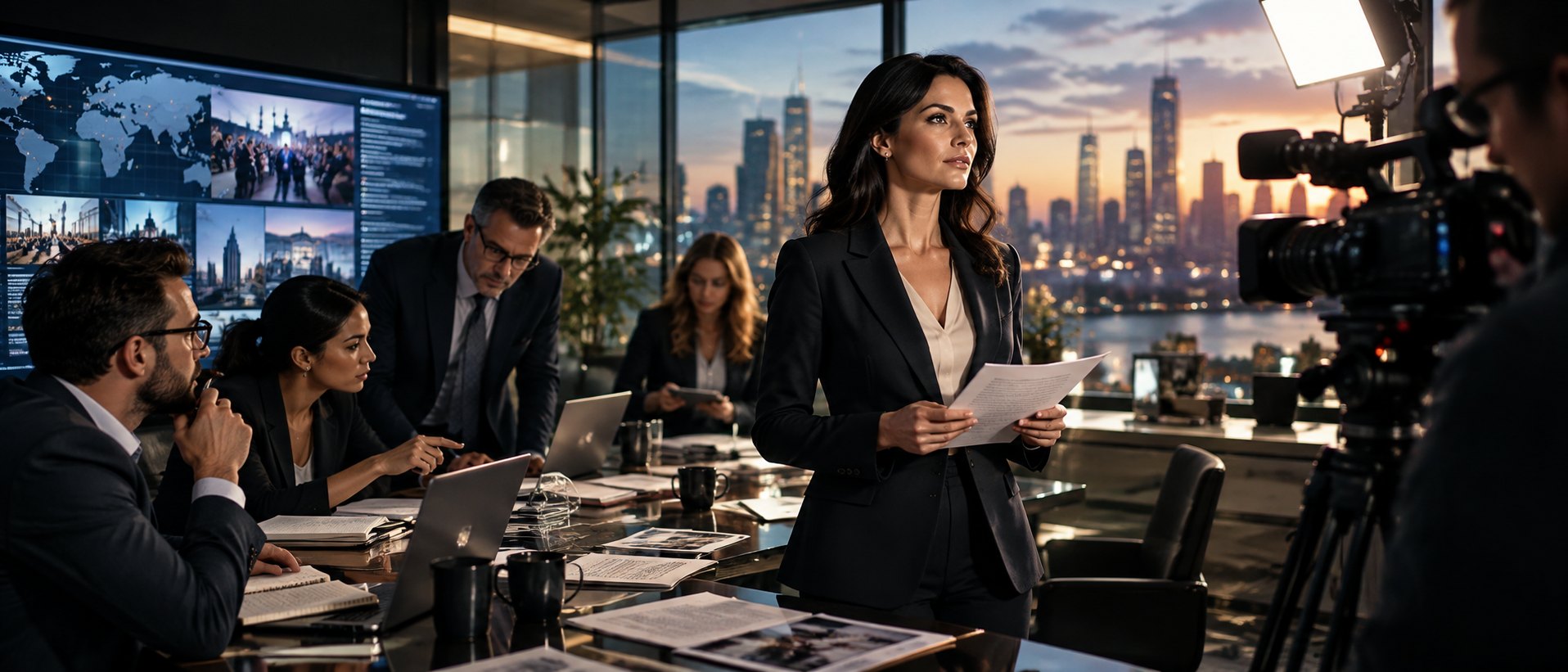 A company spokesperson preparing an announcement with a production team